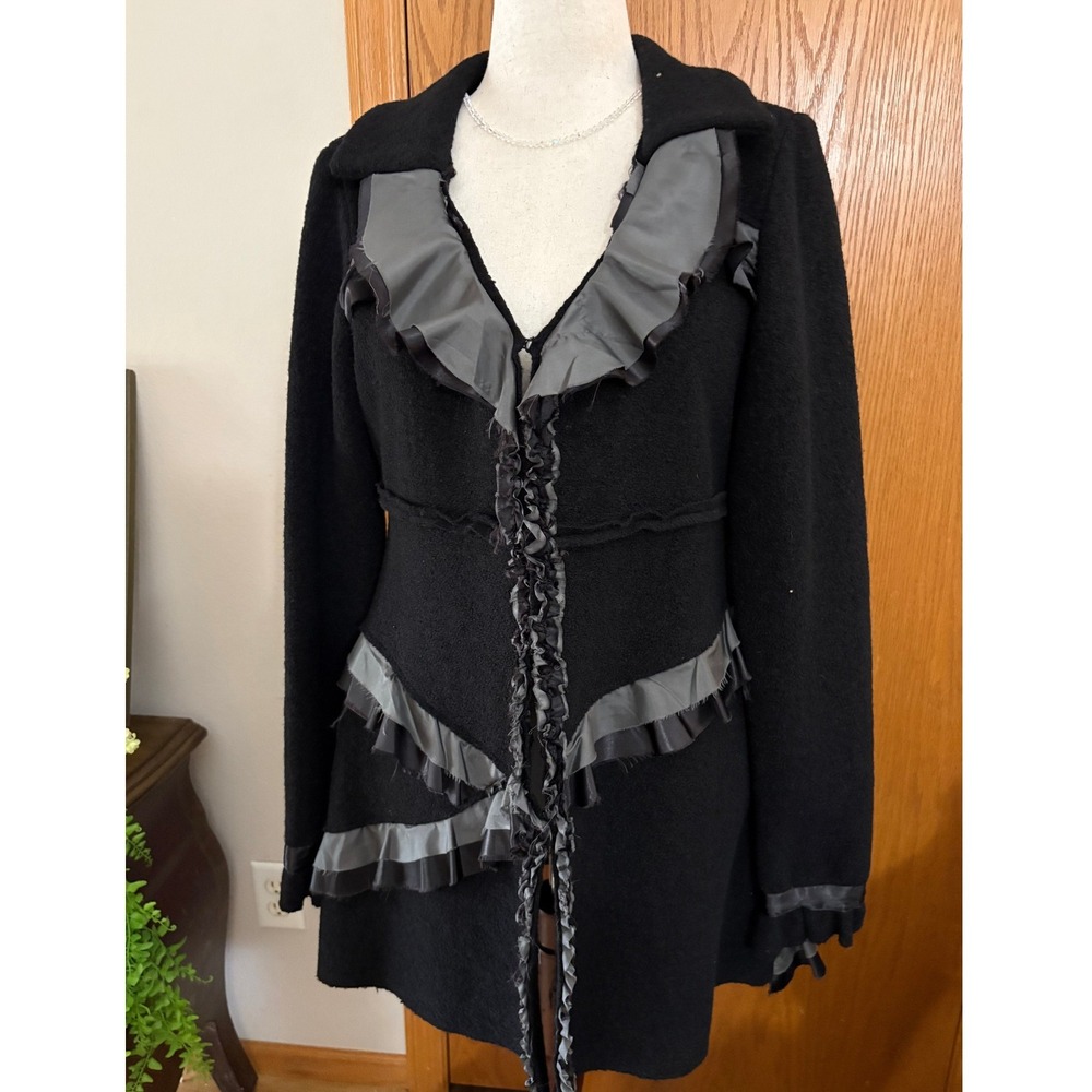 BKE Black Wool Blend Ruffle Trim Cardigan Sweater Jacket Longline Size Large